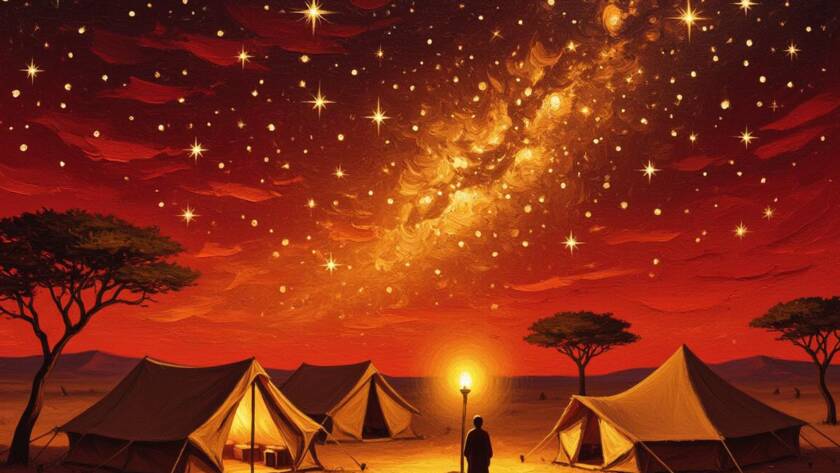 Painted illustration of a starry night sky over desert tents, a symbol of our hope in Jesus