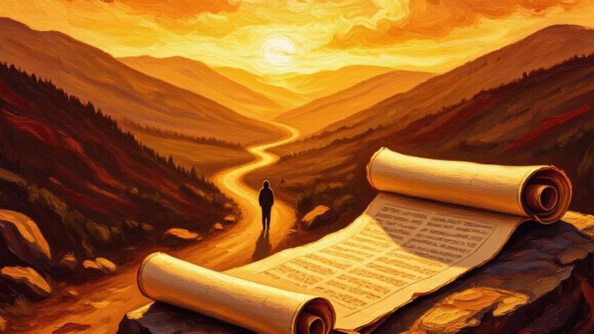Painted illustration of a winding path toward sunlit hills, picturing our plans and purpose aligned with God