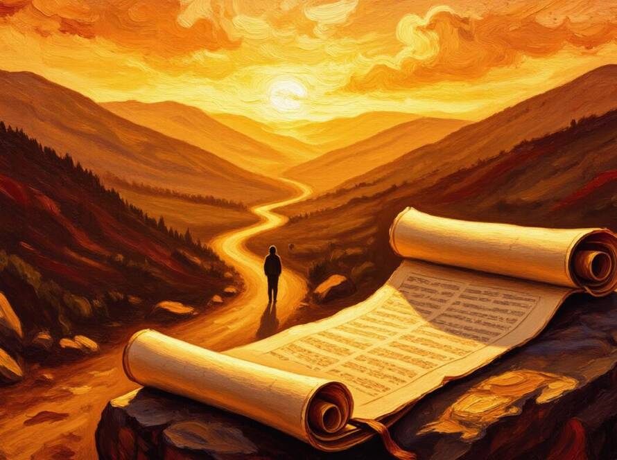 Painted illustration of a winding path toward sunlit hills, picturing our plans and purpose aligned with God