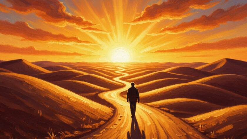 Painted illustration of a winding desert road toward a sunrise for the pathway of life sermon