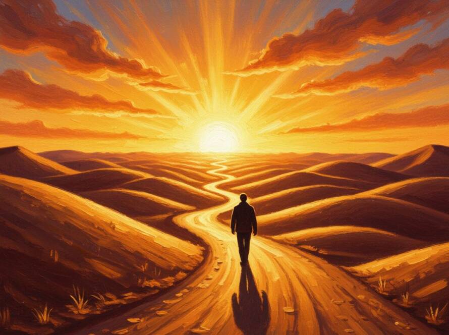 Painted illustration of a winding desert road toward a sunrise for the pathway of life sermon