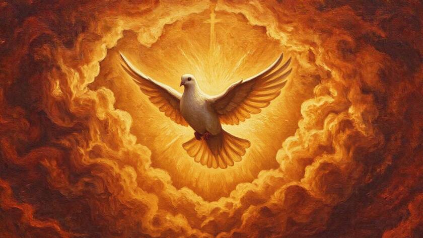 Painted illustration of a dove rising through golden light over dark clouds, a symbol that love can cast out all fear