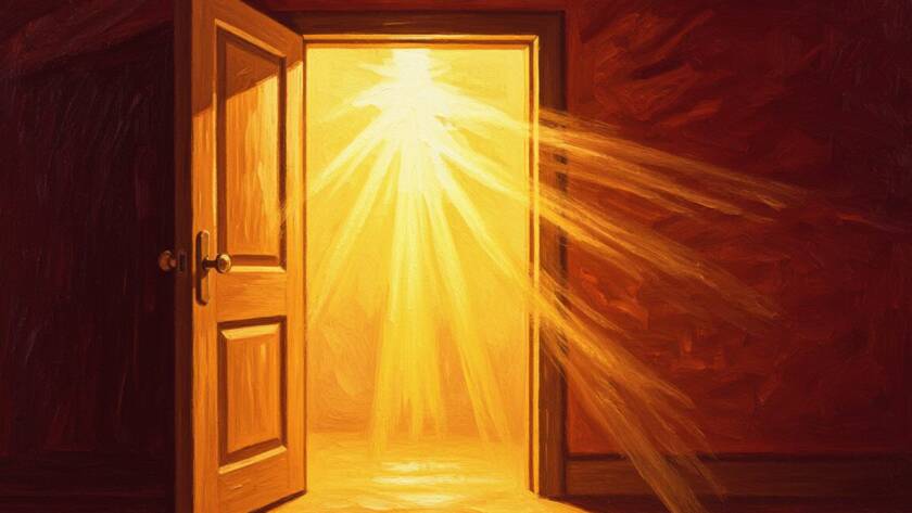 Painted illustration of warm light flooding a dark room for the perfect love casts out fear sermon