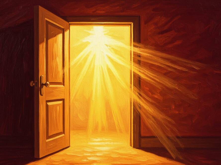 Painted illustration of warm light flooding a dark room for the perfect love casts out fear sermon