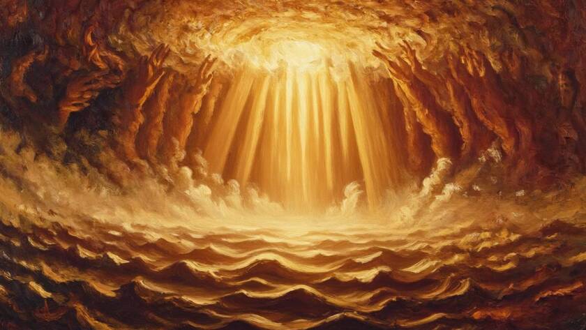 Painted illustration of light breaking over dark waters, showing the creative power of the word in Genesis 1