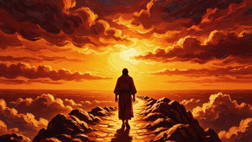 Painted illustration of a lone figure walking toward light breaking through storm clouds, pressing in for your breakthrough