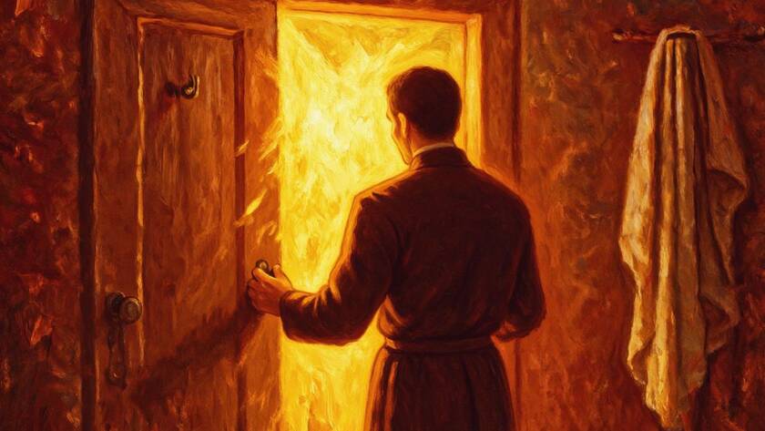 Painted illustration of a hand opening a wooden door to warm golden light for the Pursue Love sermon