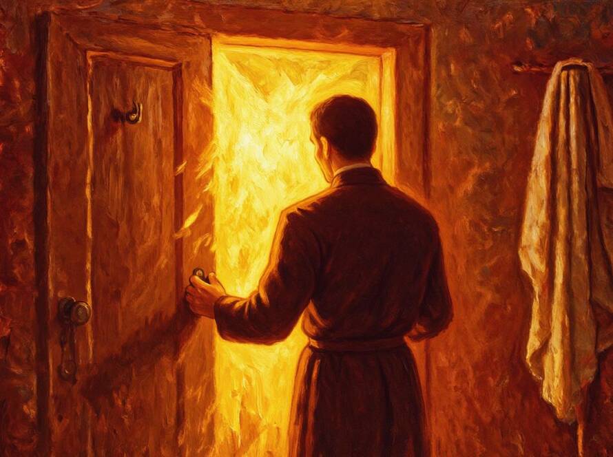 Painted illustration of a hand opening a wooden door to warm golden light for the Pursue Love sermon