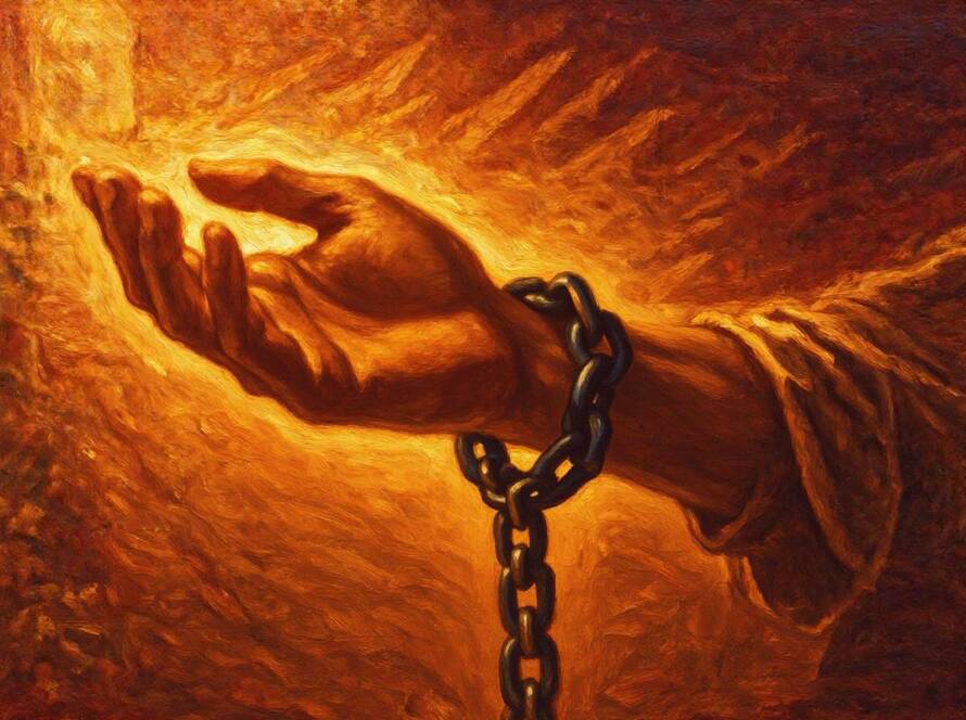 Painted illustration of an open hand of light breaking a chain, a picture of redemption