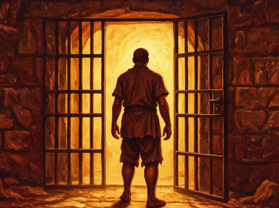 Painted illustration of an open prison door letting golden light into a dark cell, a picture of redemption