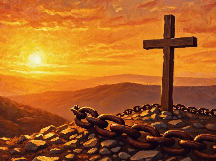 Painted illustration of a broken chain beside an empty cross at sunrise for Redemption Part 3