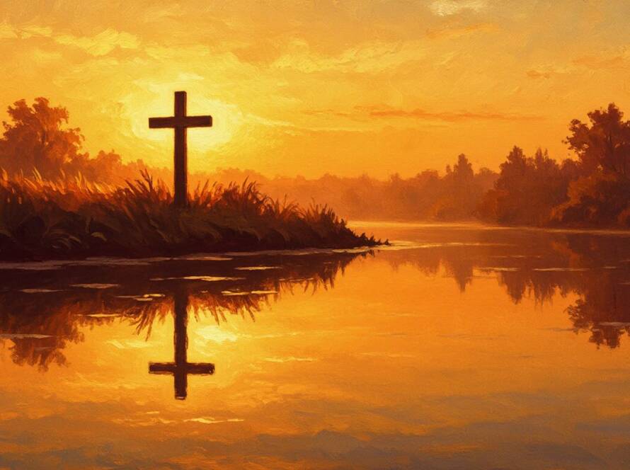 Painted illustration of still water reflecting a cross at dawn for the Redemption Part 8 baptism sermon