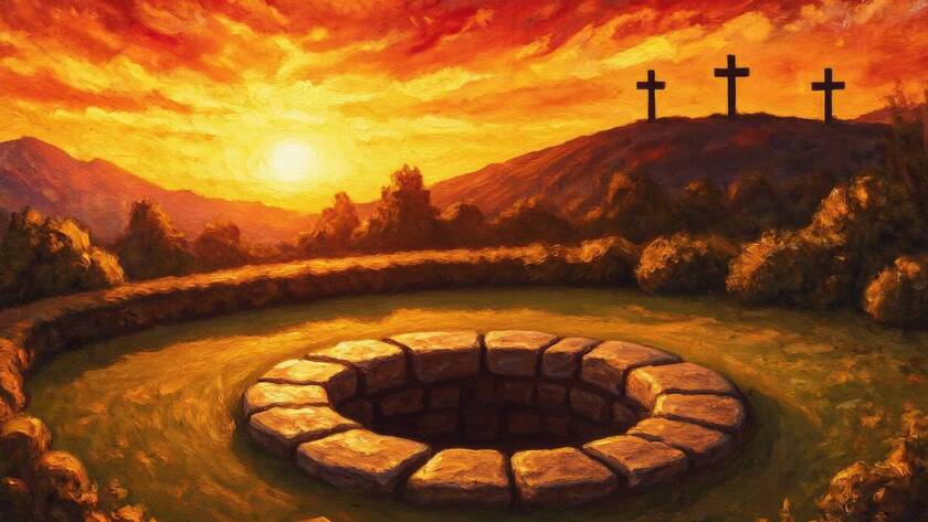 Painted illustration of a sunrise over an empty hillside tomb and three distant crosses for the resurrection service