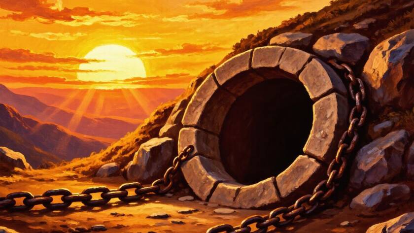 Painted illustration of an open garden tomb at sunrise with broken chains, ransomed from captivity