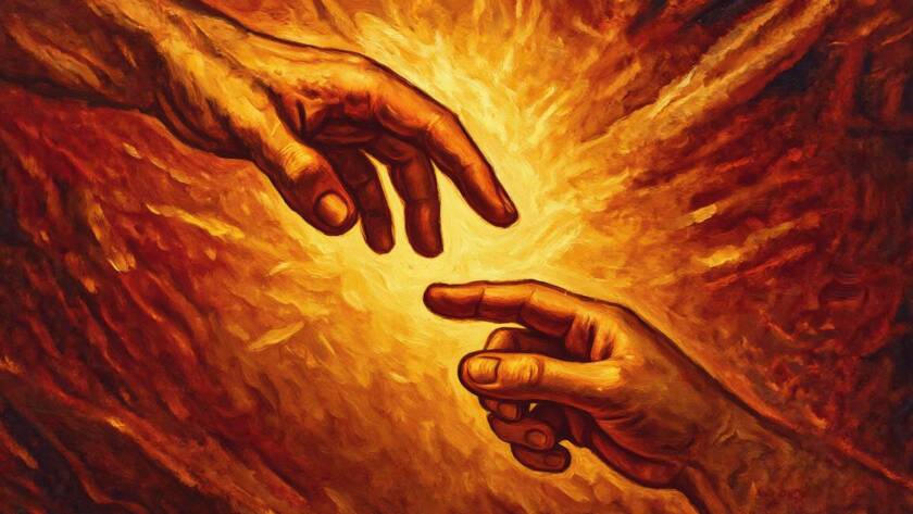 Painted illustration of two hands reaching toward each other in golden light for Seeing God as He Really Is