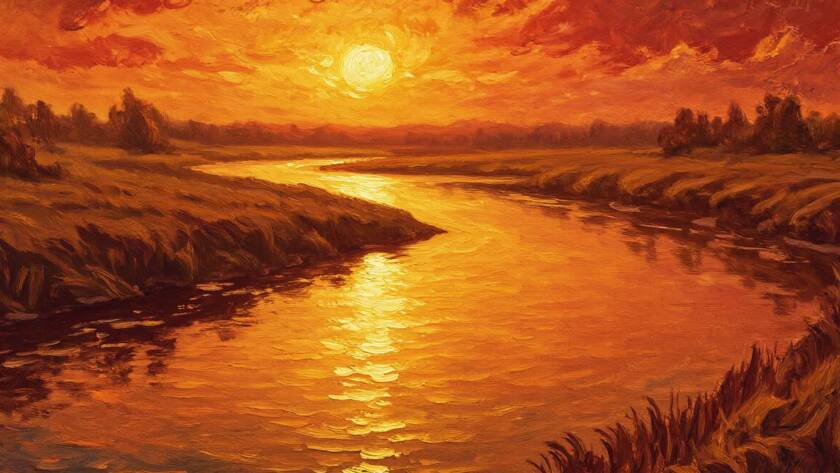 Painted illustration of a river overflowing its banks at sunrise, for seeing God as He really is