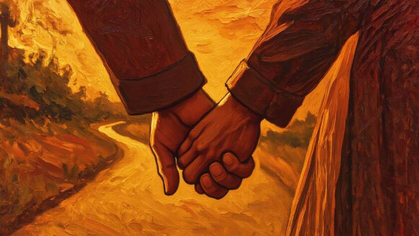 Painted illustration of a father's hand guiding a child's hand on a path for seeing God as He really is