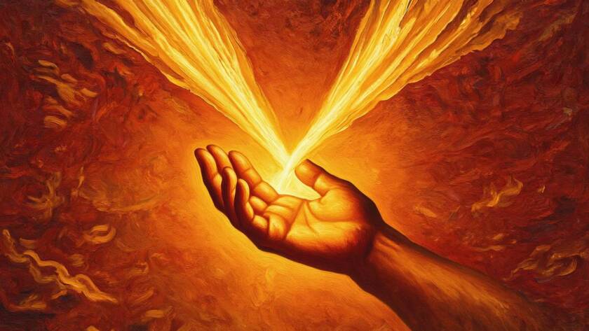 Painted illustration of two golden streams of light meeting in an embrace for seeing God as He really is