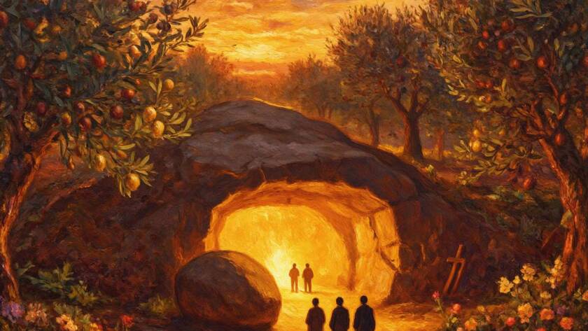 Painted garden at dawn with an empty tomb, for Seeing God As He Really Is 7 The Two Adams