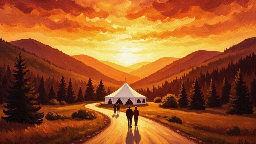 Painted illustration of an open road toward a revival tent at sunrise for the special service with Joan