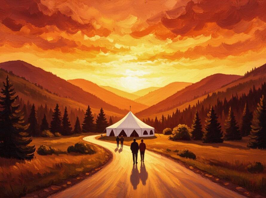 Painted illustration of an open road toward a revival tent at sunrise for the special service with Joan