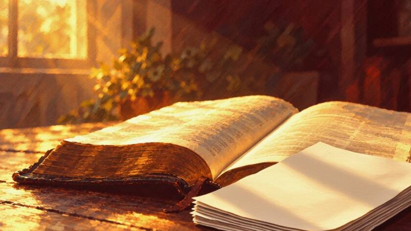 Painted illustration of an open Bible and gospel tracts in warm light for the Joan Pearce special service