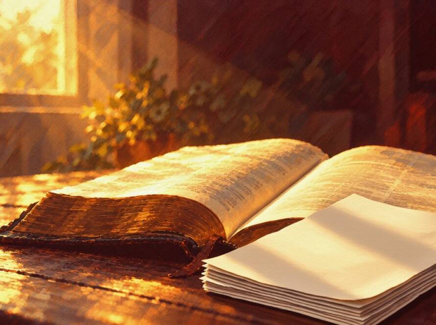 Painted illustration of an open Bible and gospel tracts in warm light for the Joan Pearce special service