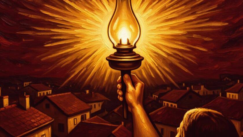 Painted illustration of a radiant lamp lifted over a dark city, picturing Joan Pearce's message on carrying God's glory