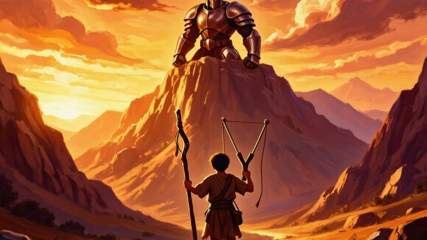 Painted illustration of a young shepherd with a sling before a giant, a picture of the blood covenant