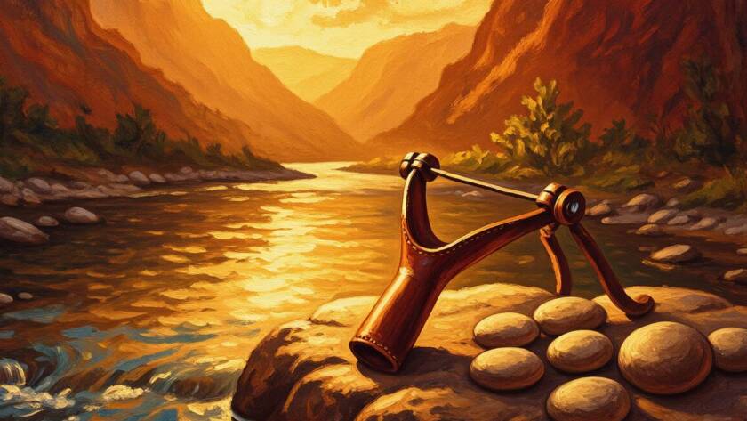 Painted illustration of a shepherd's sling and five smooth stones beside a brook for the blood covenant sermon