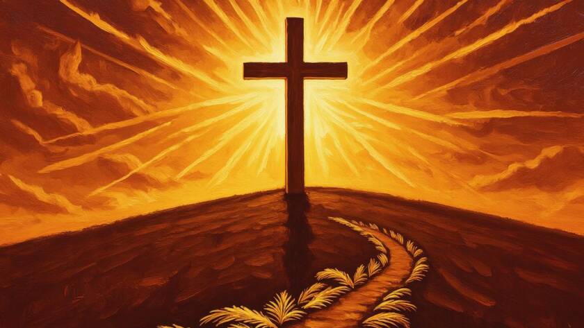 Painted illustration of a wooden cross on a hill at dawn with palm branches below, for the blood covenant sermon