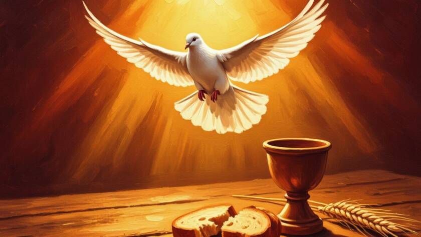 Painted illustration of a dove above a communion cup in golden light for the blood covenant sermon