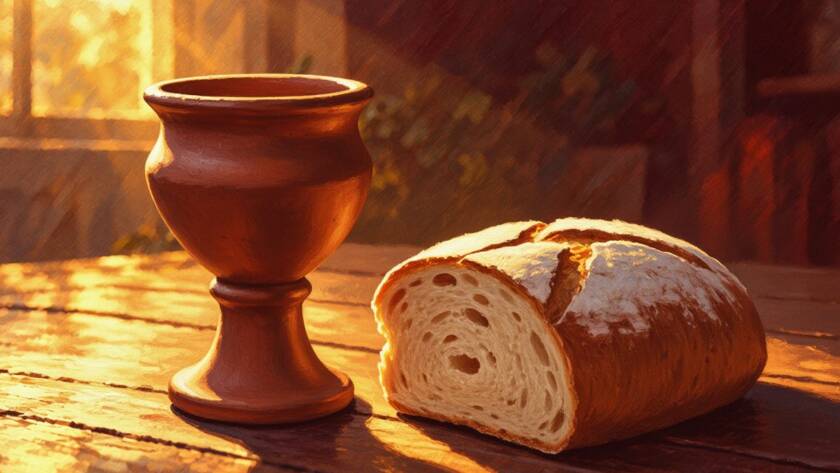 Painted illustration of a communion cup and bread on a table in warm light for the blood covenant sermon