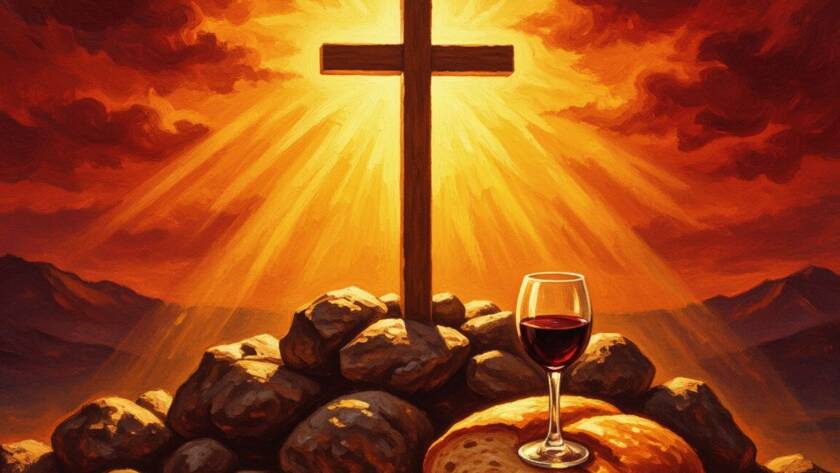 Painted illustration of a wooden cross with light streaming over a cup and bread for the blood covenant sermon