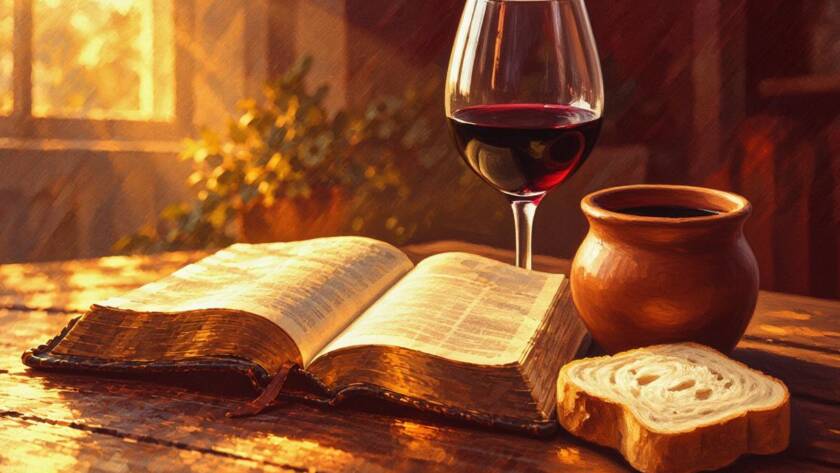 Painted illustration of a cup and broken bread beside an open Bible for the blood covenant message on healing