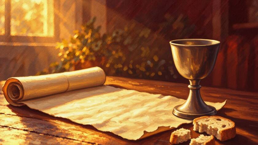 Painted illustration of an open scroll and a communion cup in warm light for the blood covenant sermon