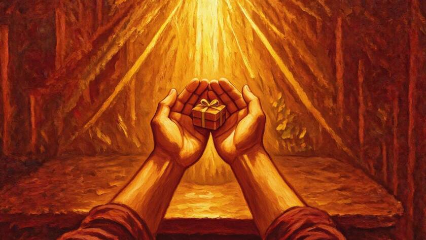Painted illustration of open hands offering a gift upward toward warm light for the blood covenant sermon