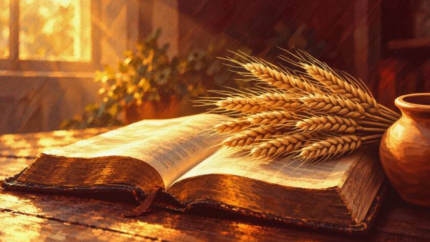 Painted illustration of an open Bible beside a sheaf of golden wheat for the blood covenant sermon