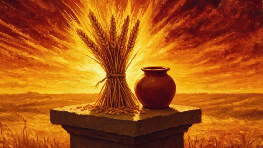 Painted illustration of a tithe offering of grain on an altar under an open sky for the blood covenant sermon