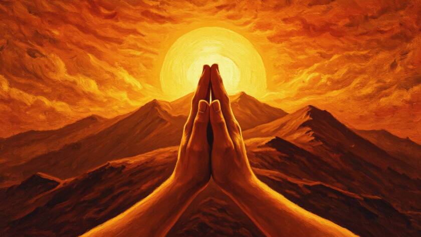 Painted illustration of a worshiper's lifted hands before a sunrise for the blood covenant message on praise