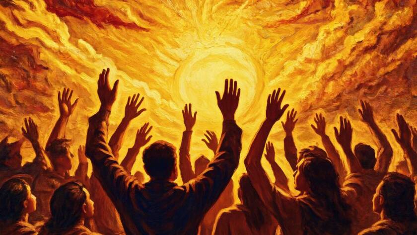Painted illustration of hands lifted in praise beneath a golden sky for the blood covenant sermon