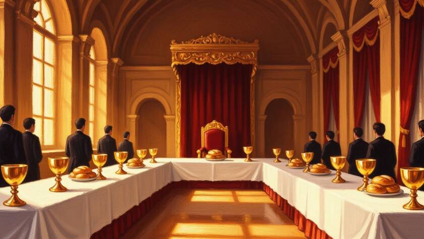Painted illustration of a royal banquet table with a lame young man welcomed for the blood covenant sermon