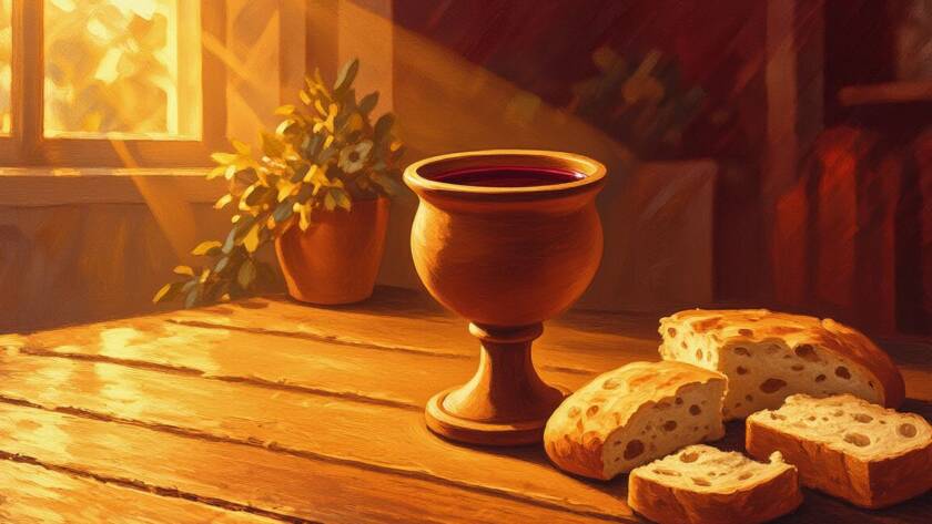Painted illustration of a communion cup and broken bread on a wooden table for the blood covenant sermon