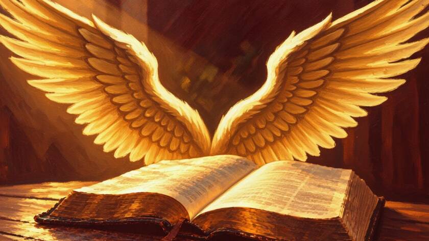 Painted illustration of an open Bible beneath sheltering wings of light for the blood covenant sermon