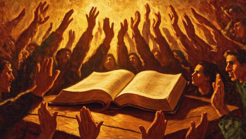 Painted illustration of hands lifted in praise above an open Bible for the blood covenant sermon