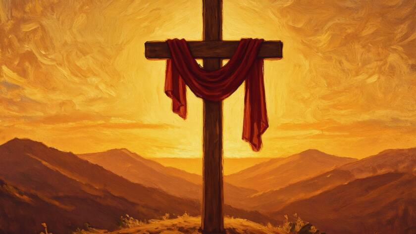 Painted illustration of a wooden cross on a hill at dawn with a crimson cloth for the blood covenant sermon