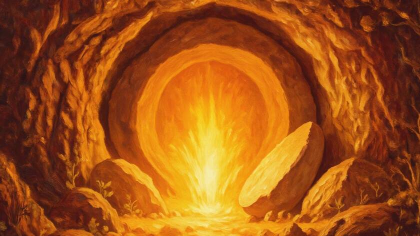 Painted illustration of an empty garden tomb at sunrise with golden light for the blood covenant Easter sermon