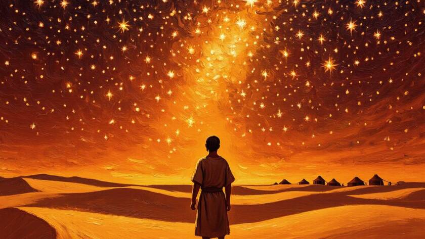 Painted illustration of Abram under a vast starry sky, the night God revealed the blood covenant