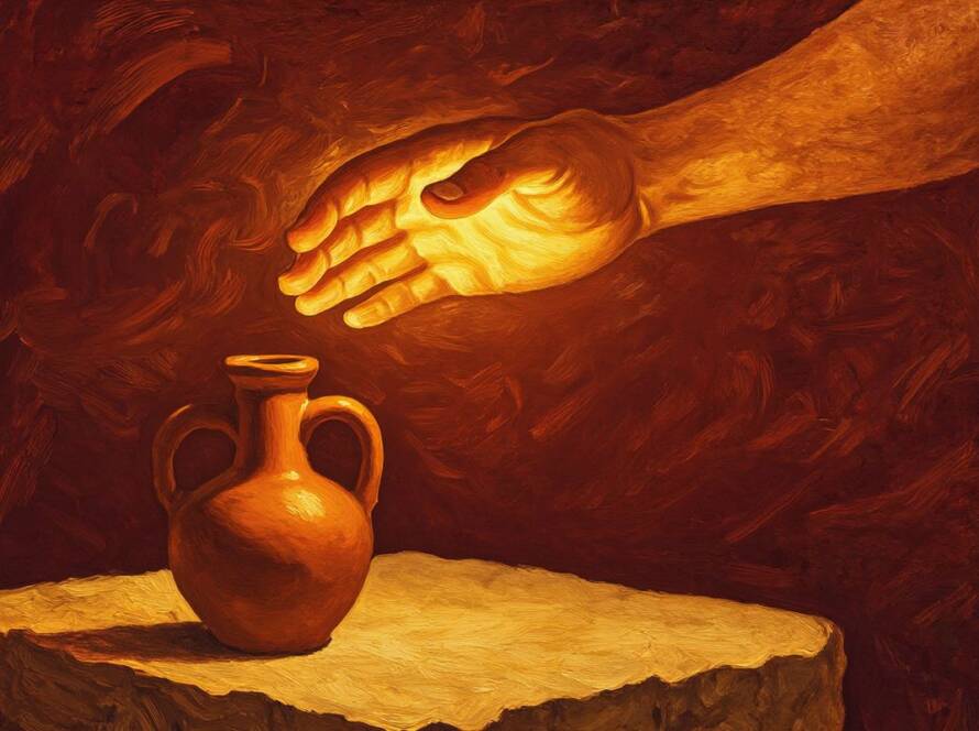 Painted illustration of a gentle hand of light above a flask of anointing oil for the dancing hand of God sermon