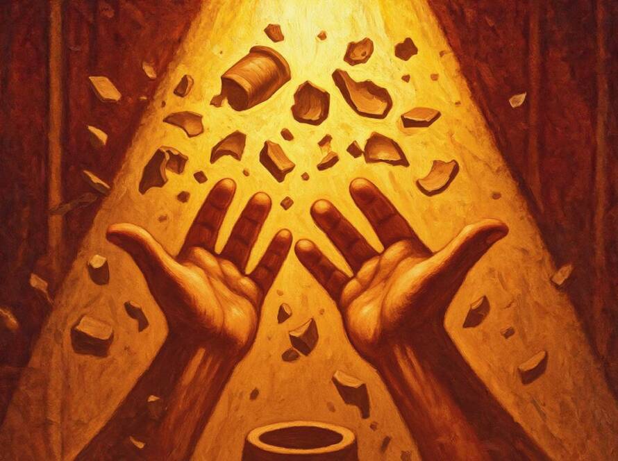 Painted illustration of open hands releasing broken clay pieces and receiving golden light, a divine exchange